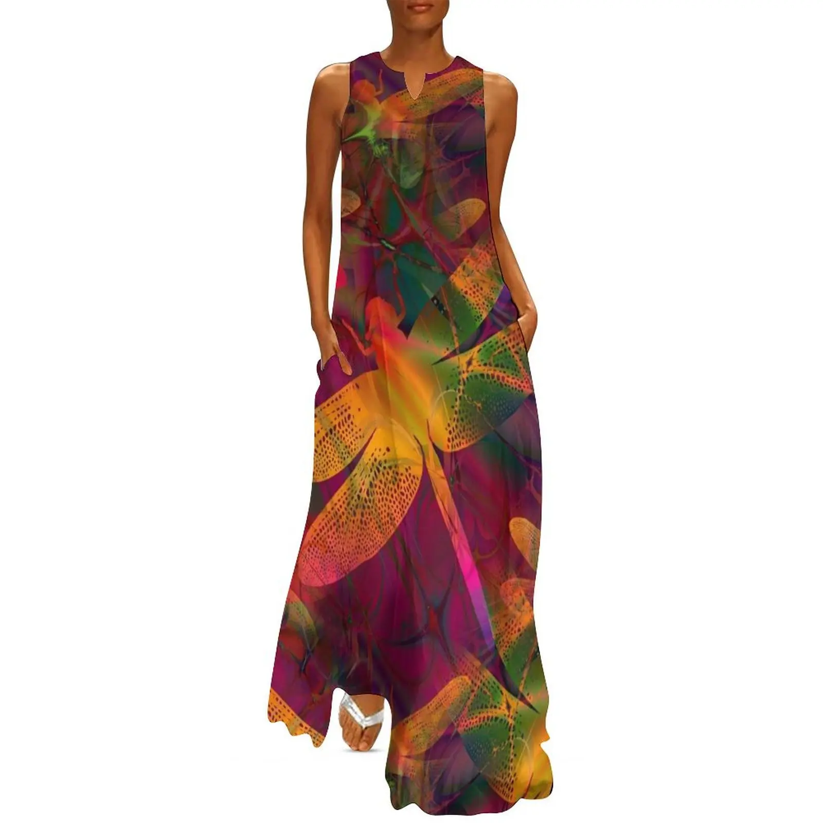 

Colorful Dragonfly Pattern Gold Magenta Long Dress fairy dress women's summer clothing 2025