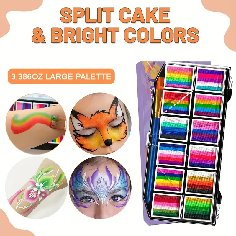 12-Color Rainbow Face and Body Paint Kit, Water-Soluble, Vibrant Palette with Brush for Halloween, Cosplay, Parties,Party Makeup