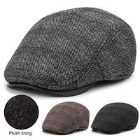 Men Beret Retro with Ear Covers Plaid British Western Plush Lining Style Retro Artist Advanced Hat Painter Hat Hat Newsboy Cap