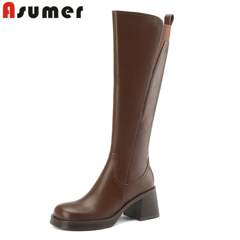 ASUMER 2024 New Zipper Popular Thick High Heels Shoes Genuine Leather Women Boots Winter Autumn Ladies Knee High Boots