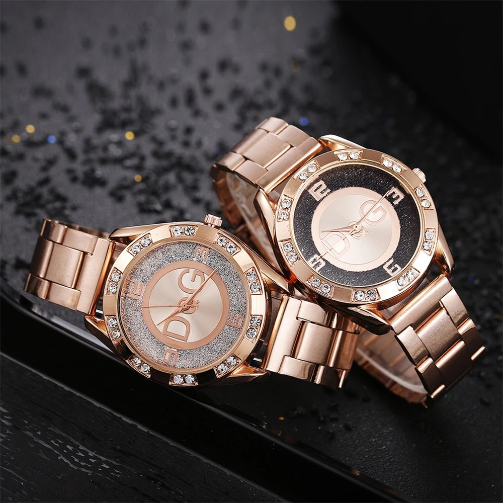 Relógios de Luxo de Nova Marca Mulher Moda com Design de Cristal de Diamantes Relógios de Quartzo Lazer Rose Gold Strap Clock de Aço Inox