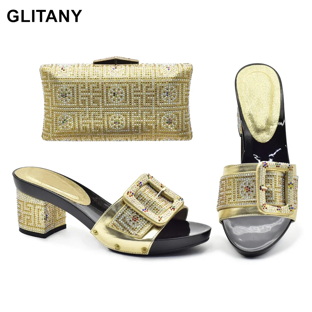 

Latest Gold Color Italian Shoes and Bags To Match Shoe with Bag Set Decorated with Rhinestone Nigerian Women Party Shoes and Bag