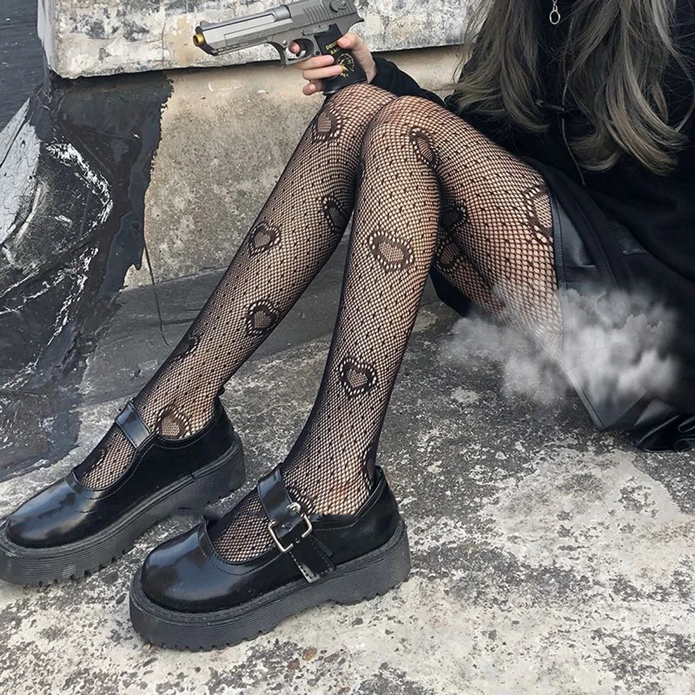 Y2K Heart Love Mesh Tights Stockings Sweet Girl Lolita Fishnet Pantyhose Punk Retro Sexy Women Cosplay Party Legging Stockings