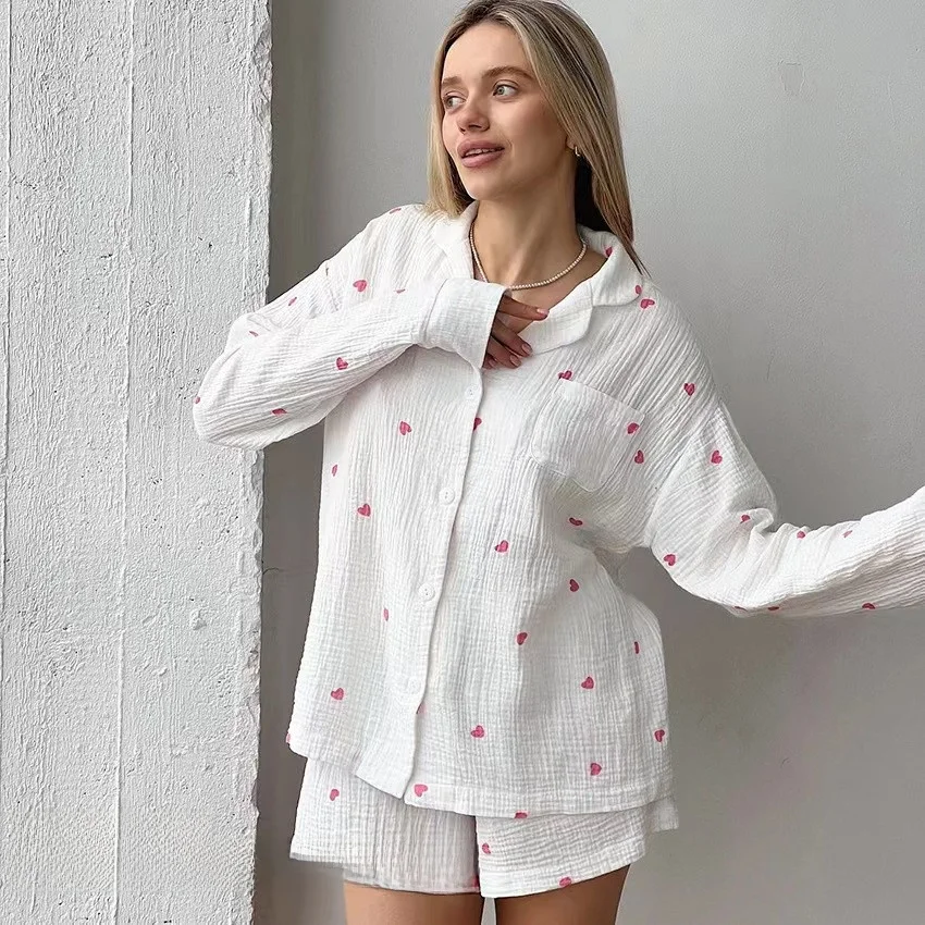 

Love Heart Print Top orts Set Home Clothes Long Sve Women's Home Faion Autumn Collection Button Front Closure