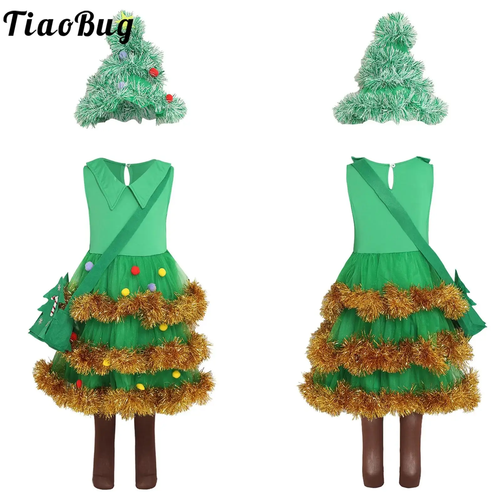 

Girls 4Pcs Christmas Tree Costume New Year Party Tutu Dress Set Shiny Sleeveless Layered Ruffled Dress with Matched Hat Bag Sock