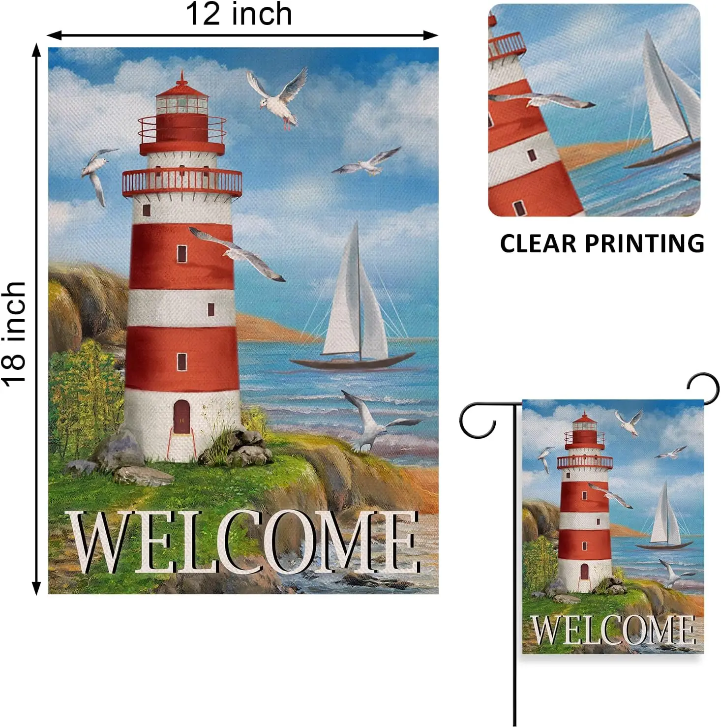 Home Decorative Welcome Spring Summer Lighthouse Garden Flag, Coastal Seagull Birds Yard Beach Nautical Sailboat Outside Decorat