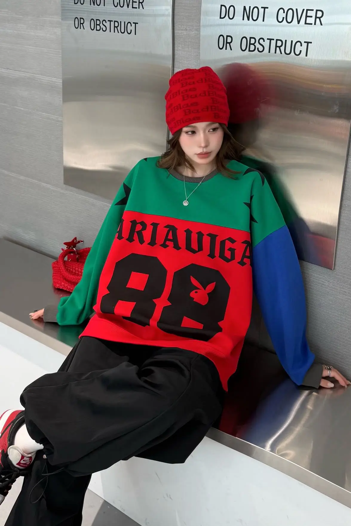 2026 Autumn Multicolour Patchwork Oversized Pullover Sweatershirts Woman Casual Loose Pentagram O Neck Long Sleeve Outwears