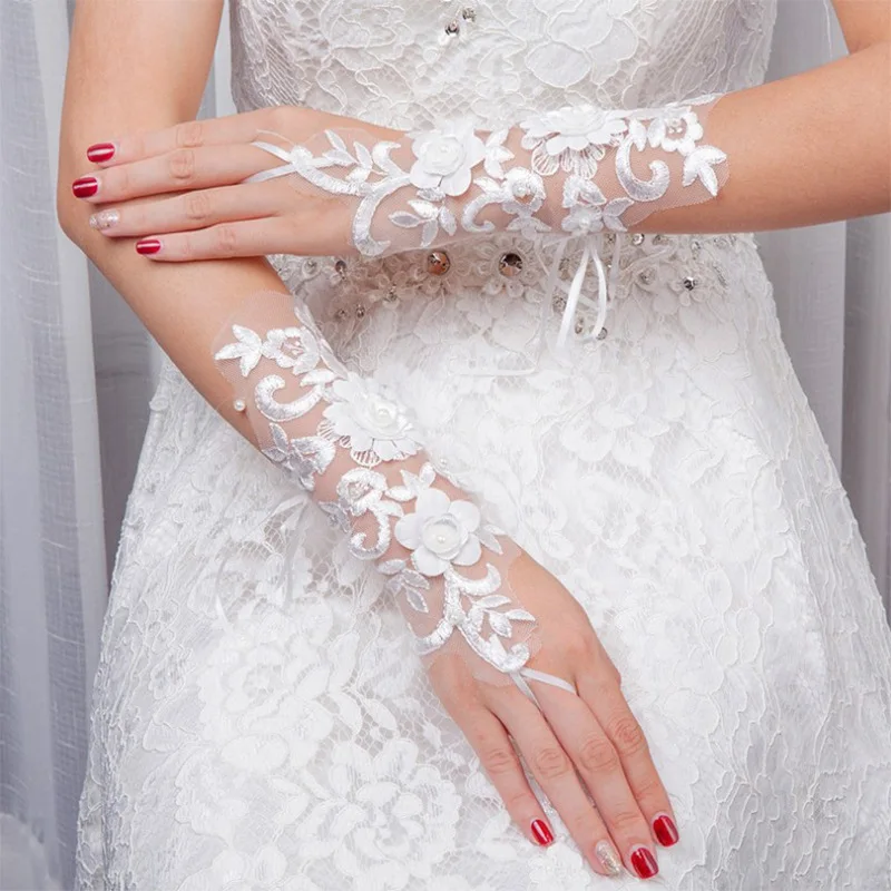 Guantes de encaje de flores para novia, accesorios de boda para mujer, sin dedos, perlas