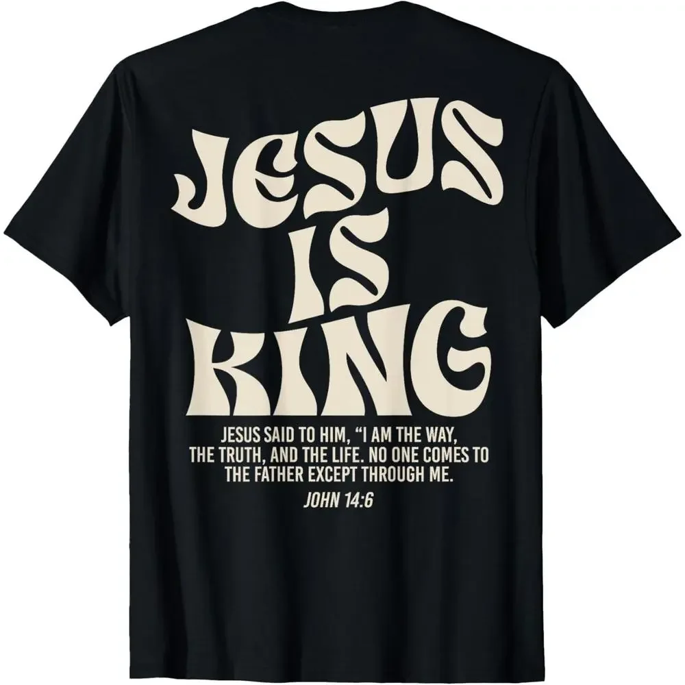 Men's Christian Front Print Bible Quote T-Shirt, John 14:6 Jesus Is King Design, Casual Retro Short-Sleeve Top with Moderate Stretch for Adults