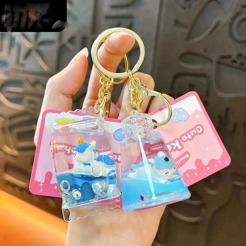Creative Unicorn Conical Flask Candy Blue Liquid Keychain Cartoon Mug Floating Sequins Quicksand Pendant Keyfob Backpack Pendant