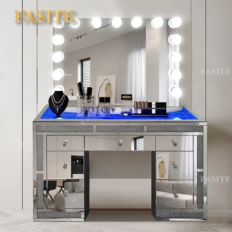Modern Bedroom Furniture Mirrored LED Vanity Table with Mirror Set Diamond Crushed Desk Shelf Table with hollywood Mirror
