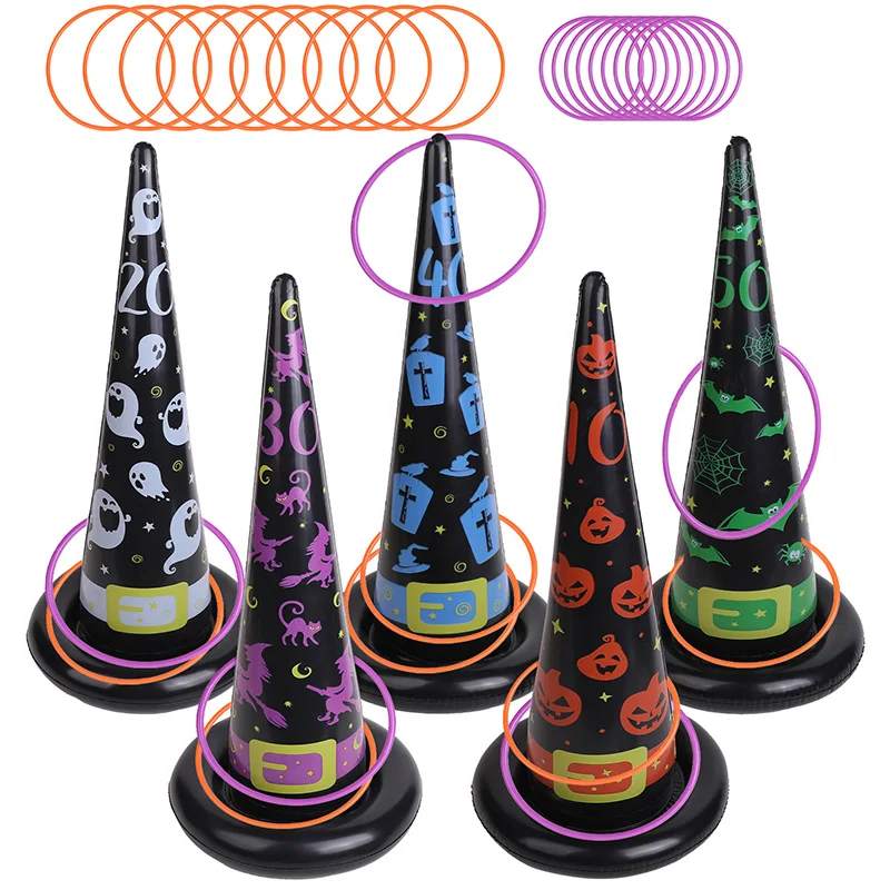 

5pcs Halloween Inflatable Witch Hat Ring Toss Game Toy Halloween Party Decor Supplies Outdoor Family Games Kids Favors