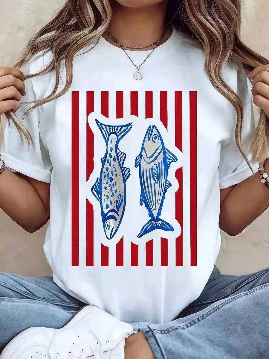 Women's Regular Fit Graphic T‑Shirt Unique Fish Print With Red Stripe Detail Crew Neck Short Sleeve Cotton Fabric Regular Length Medium Stretch Casual Everyday Outfit Tee