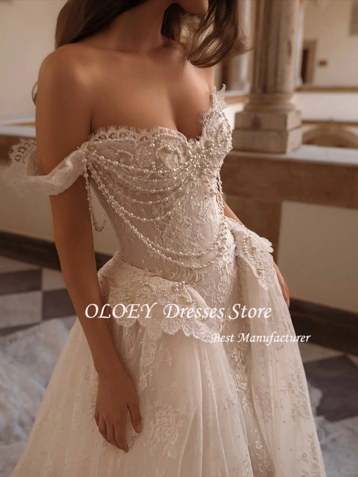 OLOEY Sweetheart Off spalla Perle Abito da sposa a sirena 2026 Splendido pizzo staccabile treno tromba abito da sposa personalizzato