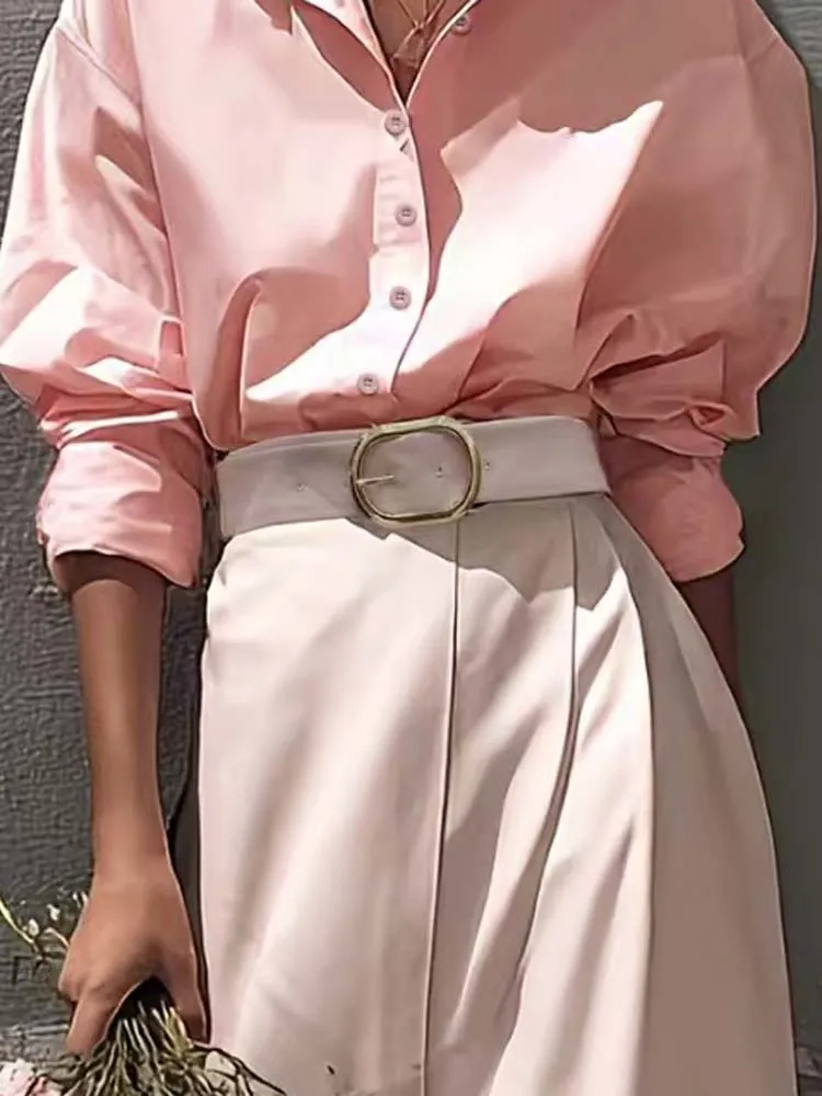 

Элегантные комплекты из рубашки с отложным воротником и юбки с разрезом: повседневные костюмы из 2 предметов с длинным рукавом для весны и лета, модные наряды для офиса и вечеринок 2026