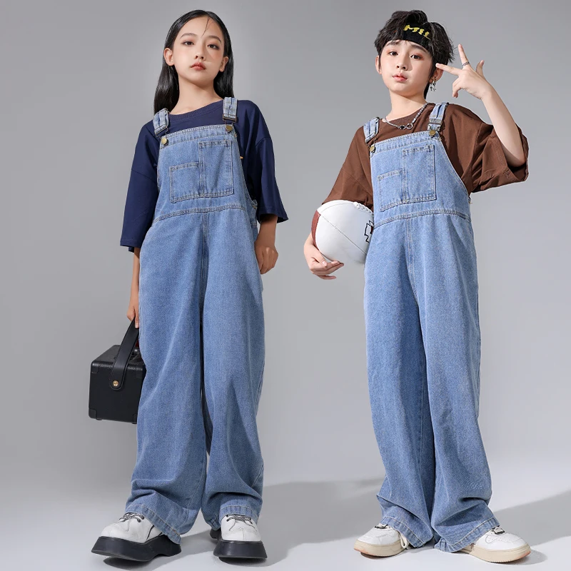 Boys Hip Hop Outfit Denim Overalls Girls Oversize Tshirt Kids Joggers Children Jumpsuit Street Dance Romper Teenage Clothes