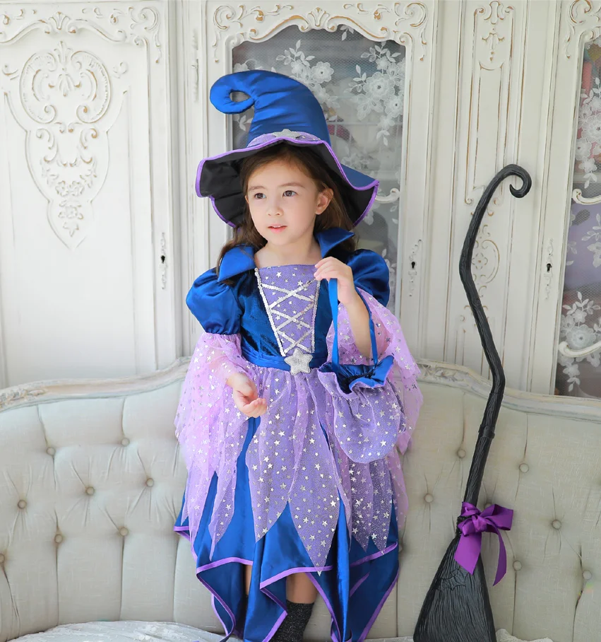Allerheiligen Kinder Dunkelblaues Stern-Tüll-Hexenkostüm 4-teiliges Set Kleid+Zauberhut+Zauberstab-Tasche Mädchen Halloween Cosplay Outfit – Detail 3