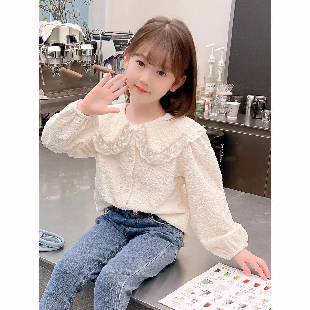 2024 Versatile Trendy Bottom Doll Shirt Spring and Autumn New Girl Pearl Lace Flip Collar Soft White Shirt