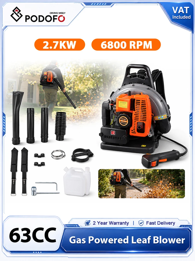 Podofo 63CC 2-Takt-Rucksack-Laubbläser Schneebläser Benzin 2,7kW 6800U/min Luftgebläse Gartenwerkzeug Rasenpflege Hofreiniger Orange Hochleistungsgerät mit großem 1,8L Tank für Schneeräumung, Schmutz-