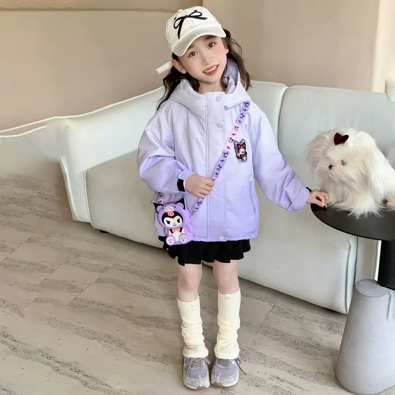 Anime Sanrios Kuromi Children's Coat Cartoon Girls Hooded Jacket Thicken Warm Creative Bright Light Overcoat Winter Kids Clothes