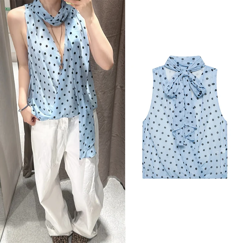 

Women's Polka Dot Top 2026 New Summer Sleeveless V-neck Halter Bow Top Vacation Style Chic Personality Ladies Top