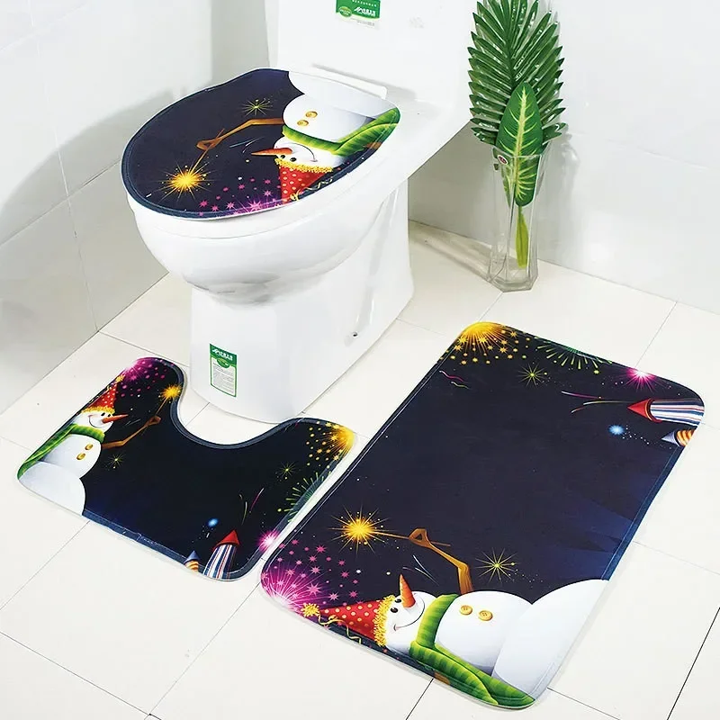 

Marry Christmas cartoon Three-piece set 3D printed Bathroom Pedestal Rug Lid Toilet Cover Bath Mat Set drop shipping