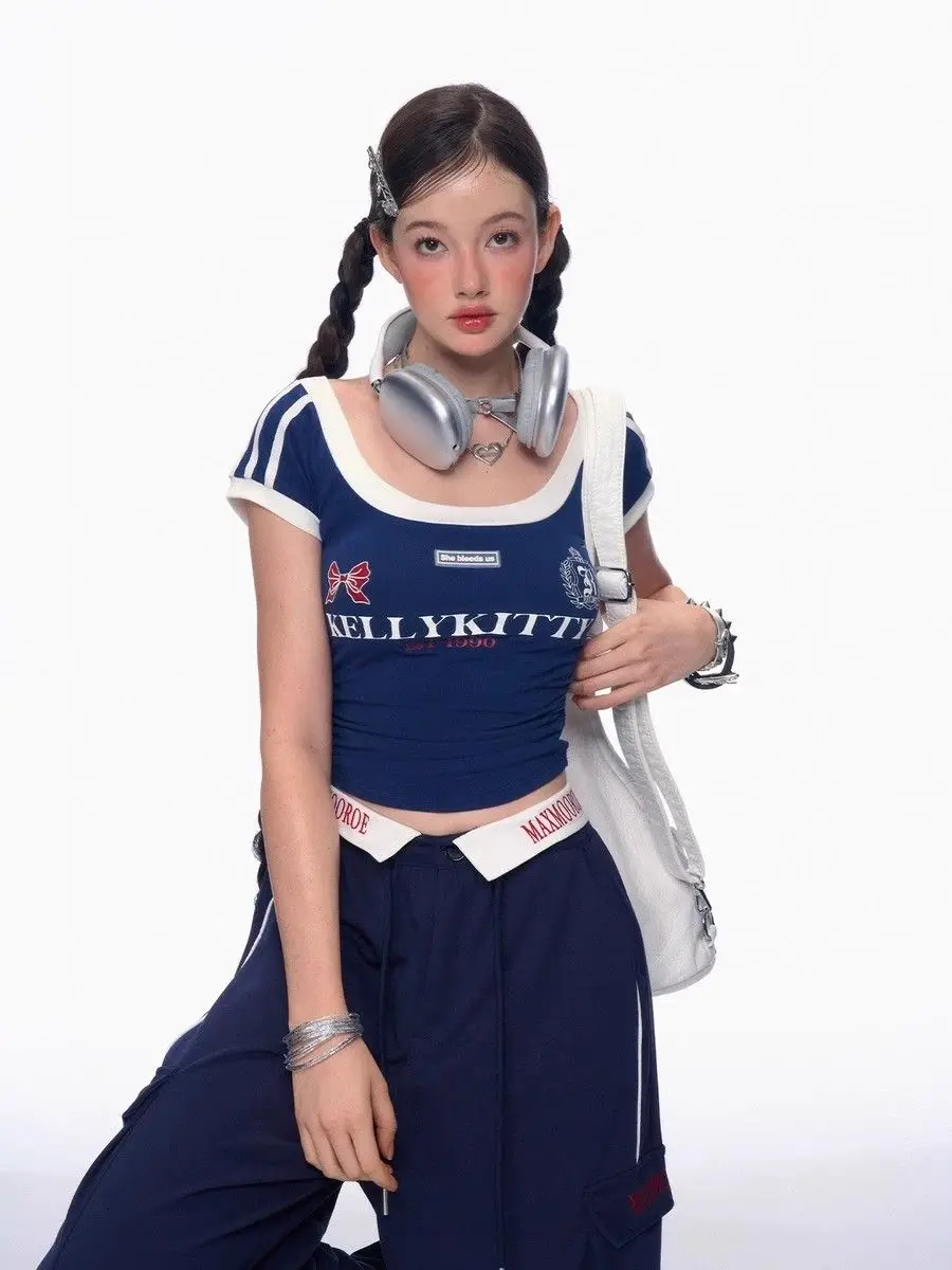 Amerikanischer Sportanzug für Damen, Sommer, Retro-T-Shirt, Röcke, zweiteiliges Set, lässiges Schlankheitsoberteil, Goth, sexy Mädchen, kurzer Harajuku-Y2K-Rock