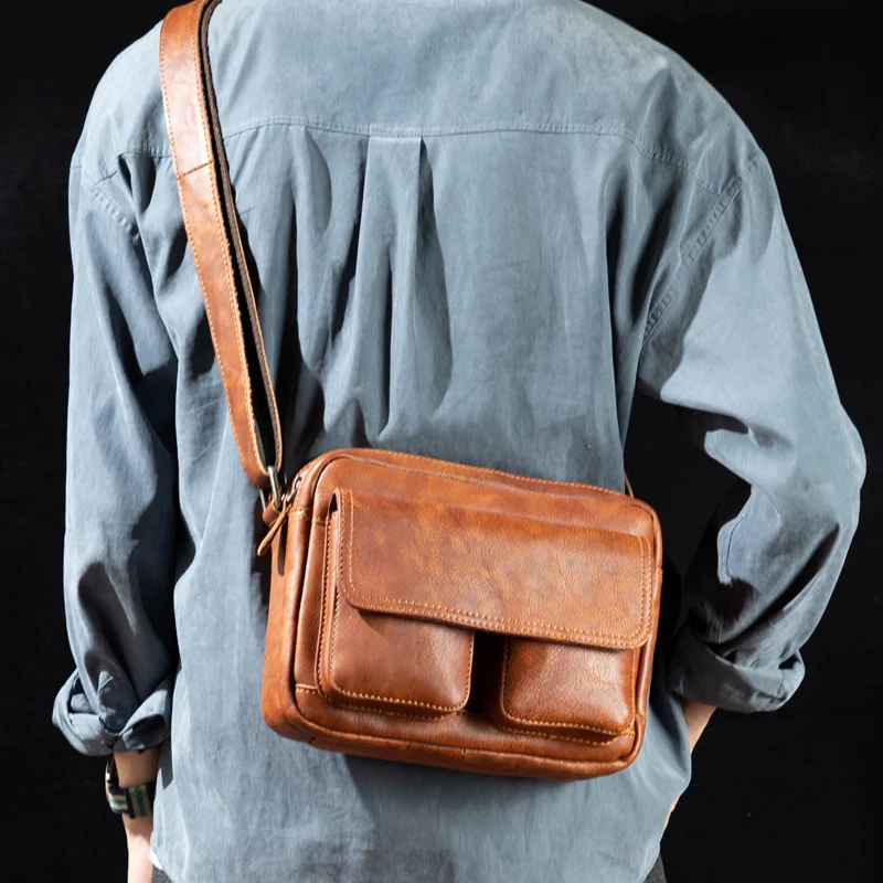 Retro leather messenger bag horizontal men\'s baotou leather shoulder bag commuter casual small bag art messenger bag