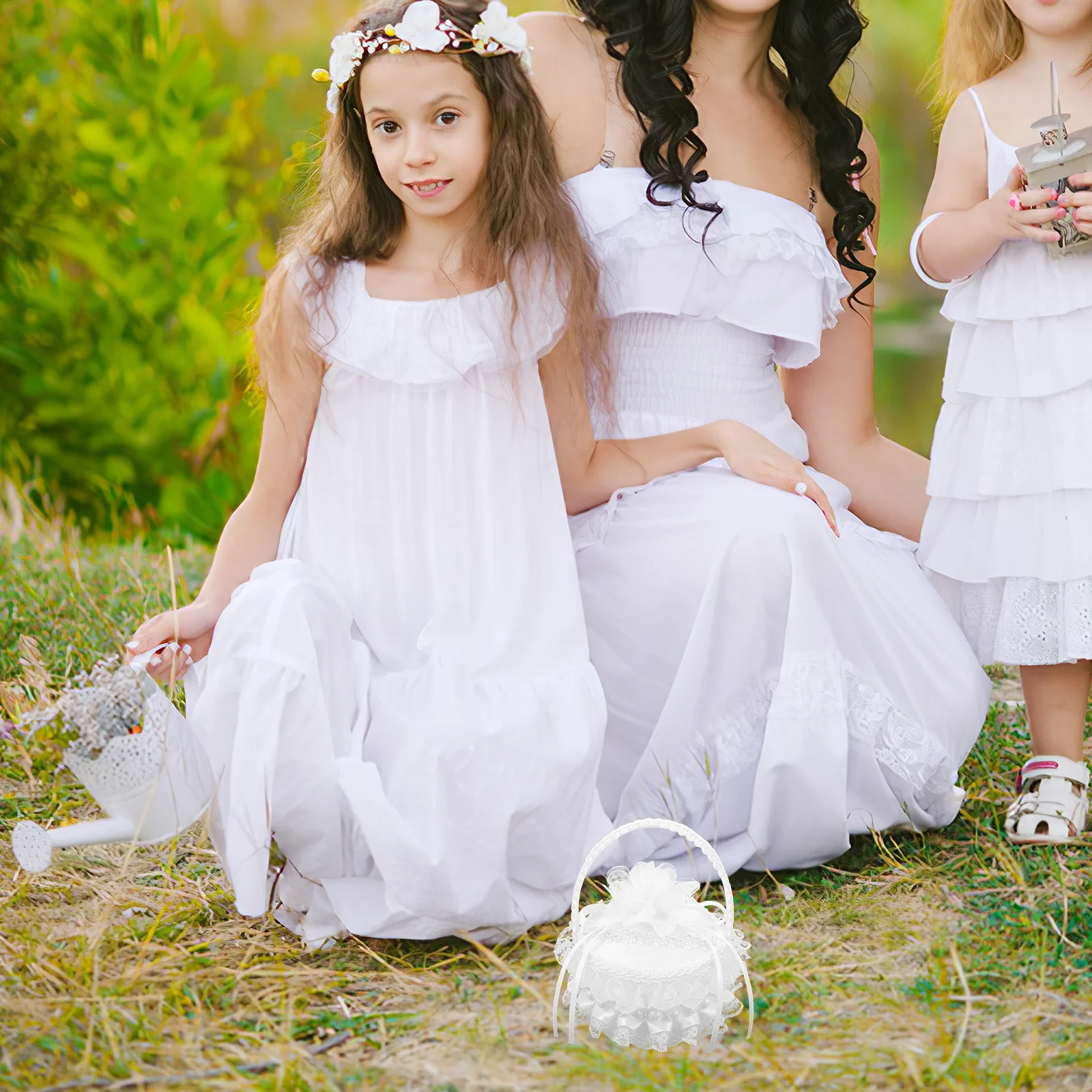 

Valentine Ring Box White Silk Flower Petal Basket with Sturdy Handle and Soft Embroidered Ring Holder for Wedding Ceremony