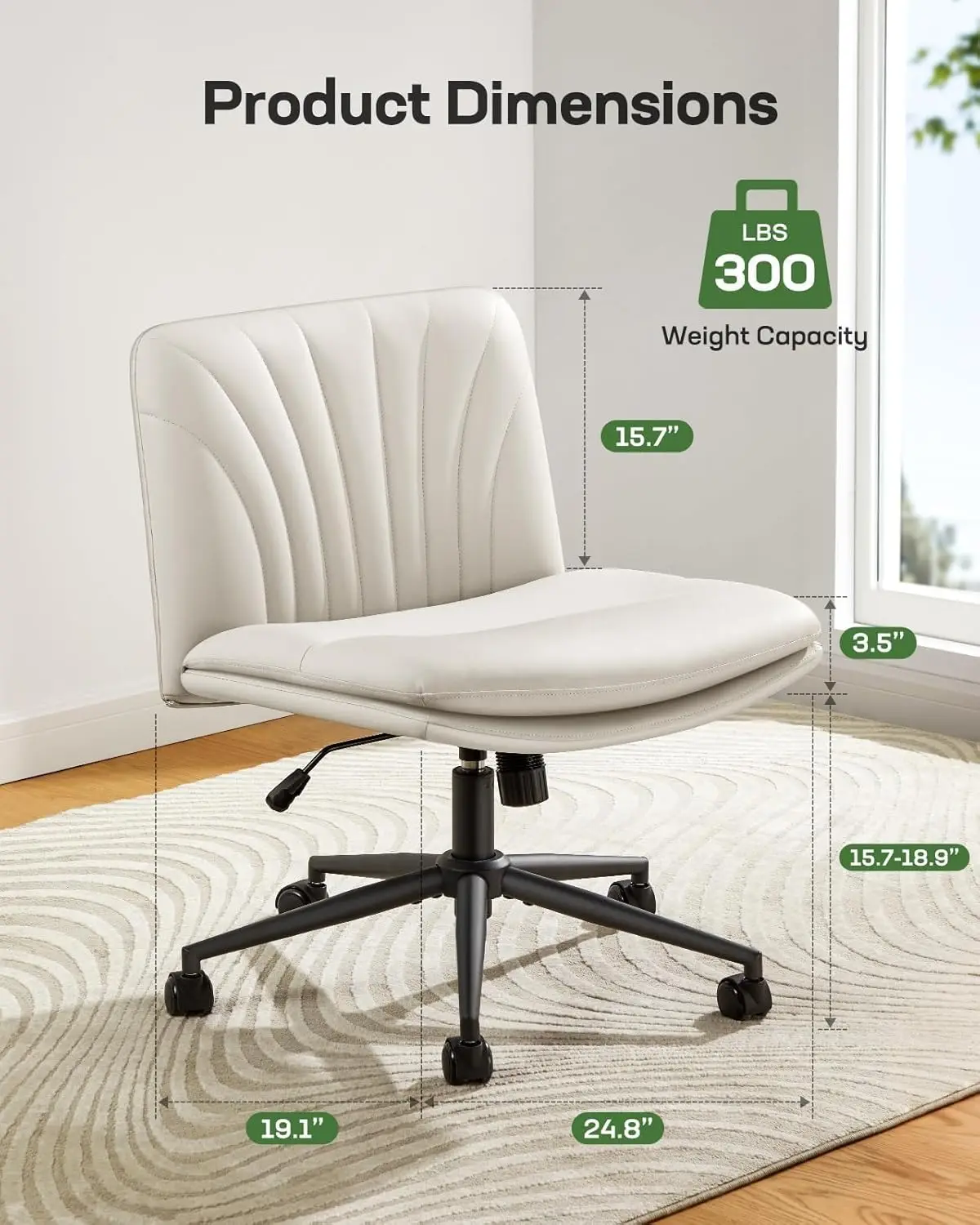 Armless-Office Desk Chair with Wheels: PU Leather Cross Legged Wide Chair,Comfortable Adjustable Swivel Computer Task Chairs