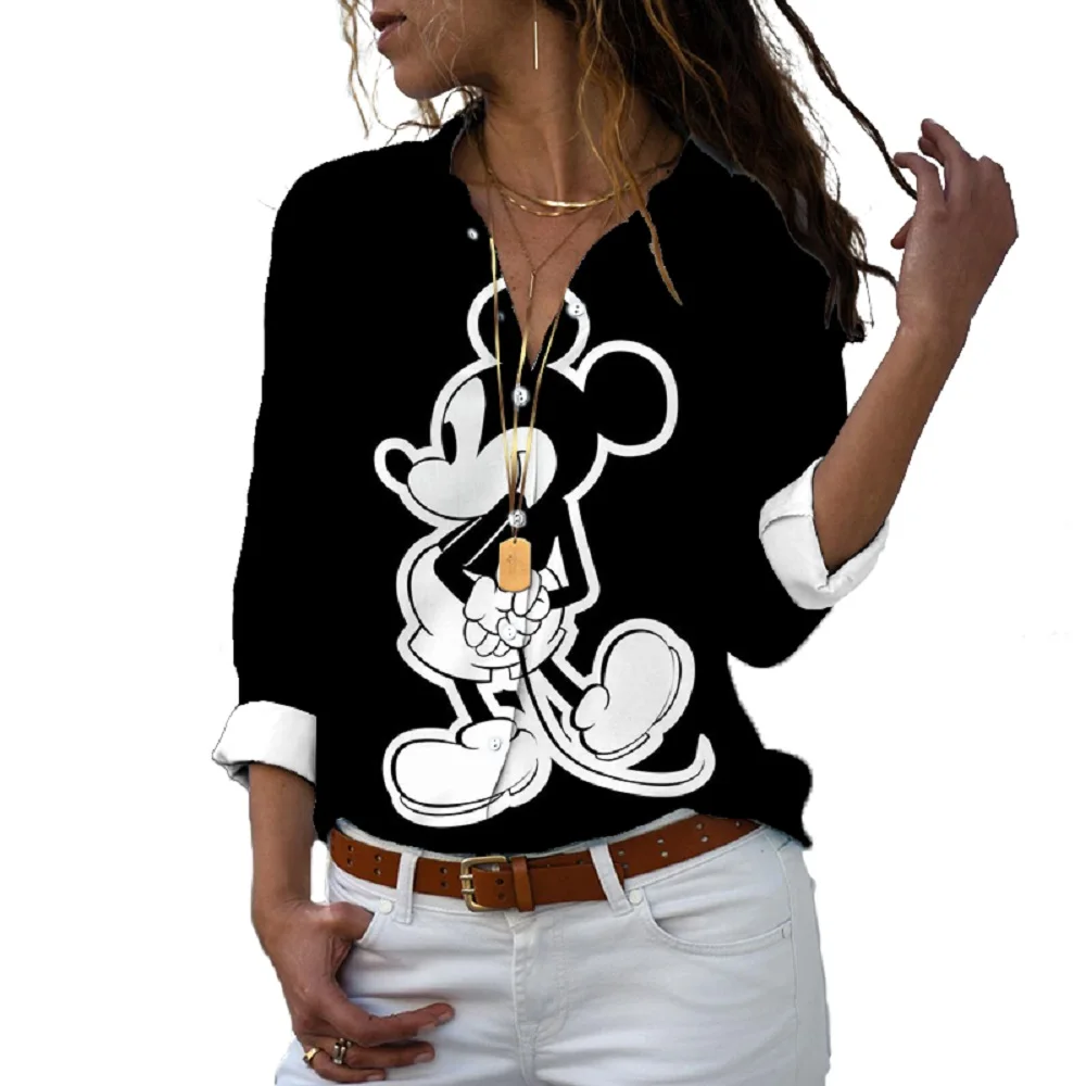 Camisa de manga larga con solapa y estampado 3D de Mickey y Minnie, camisa informal con botonadura única, estilo Harajuku, novedad de 2024