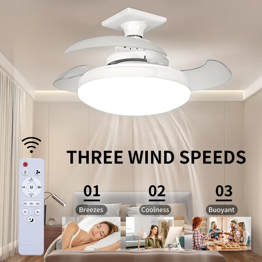 

2 in 1 E27 Ceiling Fan Light with Remote Control Three Color Dimming Silent Invisible Fan Blade for Living Room Bedroom Office