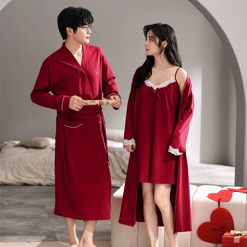 

High Quality Couple Bathrobe Spring and Autumn100% Cotton Pajamas Set Loose M-3XL Women 2 Pieces Set Sling Dress+Robe