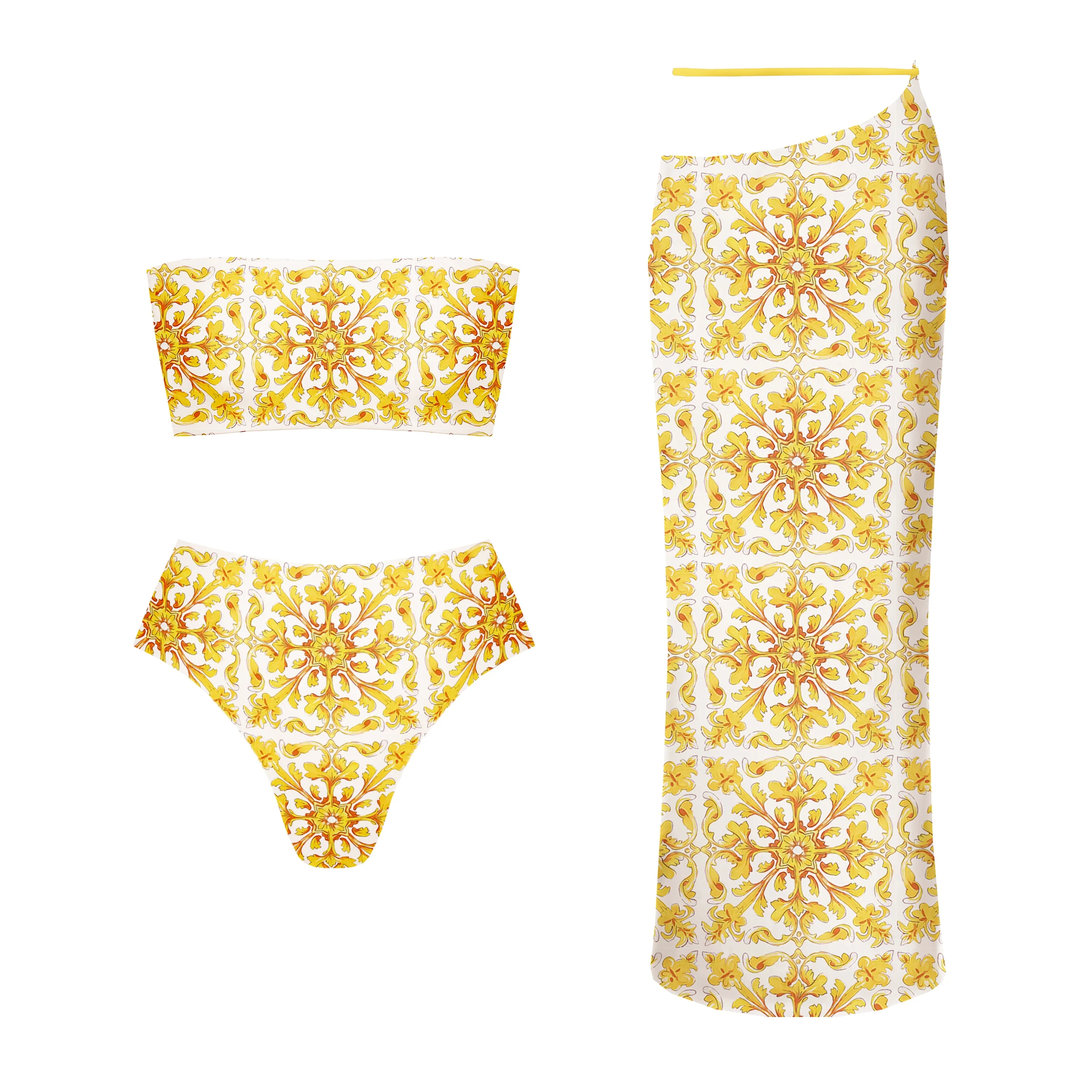 

Bandage Bikini Swimsuit with Mesh Skirt Swimwear Women Brazilian Bikini 3 Pcs Bathing Suit A Line Skirt Summer Female