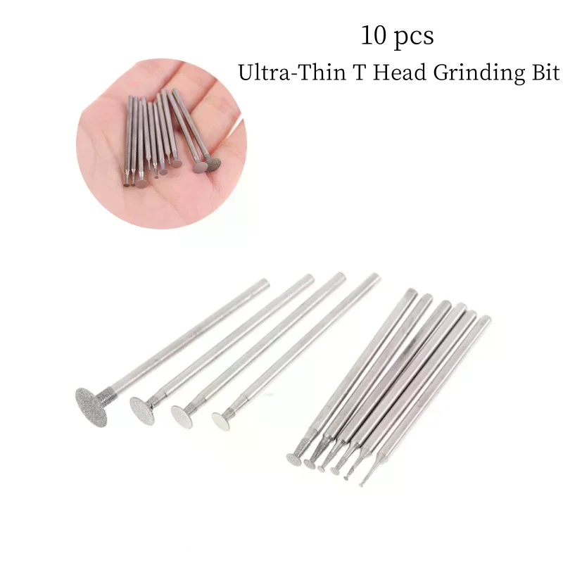 10PCS Grinding Bit Accessory Ultra-Thin T Head Shank Diamond Mounted Point Stone Jade Carve Polish Engrave Tool