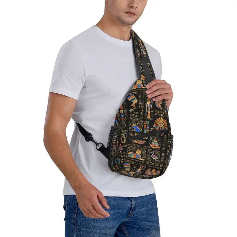 Custom Fashion Egyptian Hieroglyphs And Deities Crossbody Sling Backpack Men Ancient Egypt Art Shoulder Chest Bag for Hiking