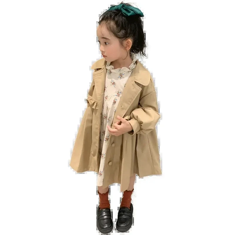 2-10 Years Girls Khaki Dress Jackets Kids Turn Down Collar Trench Coat for Girls Cute Bow Long Outwear Toddler Windbreaker 6 8