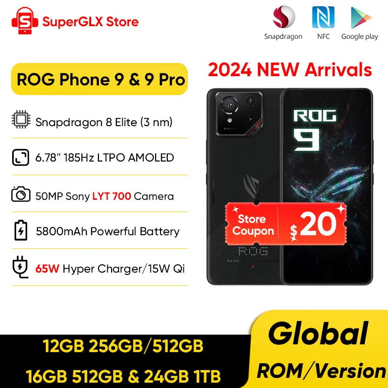 هاتف ROG 9 & 9 Pro 5G هاتف ألعاب سنابدراجون 8 Elite 6.78 بوصة 185 هرتز شاشة إلكترونية LTPO 50 ميجابكسل LYT 700 كاميرا 65 وات شحن سريع