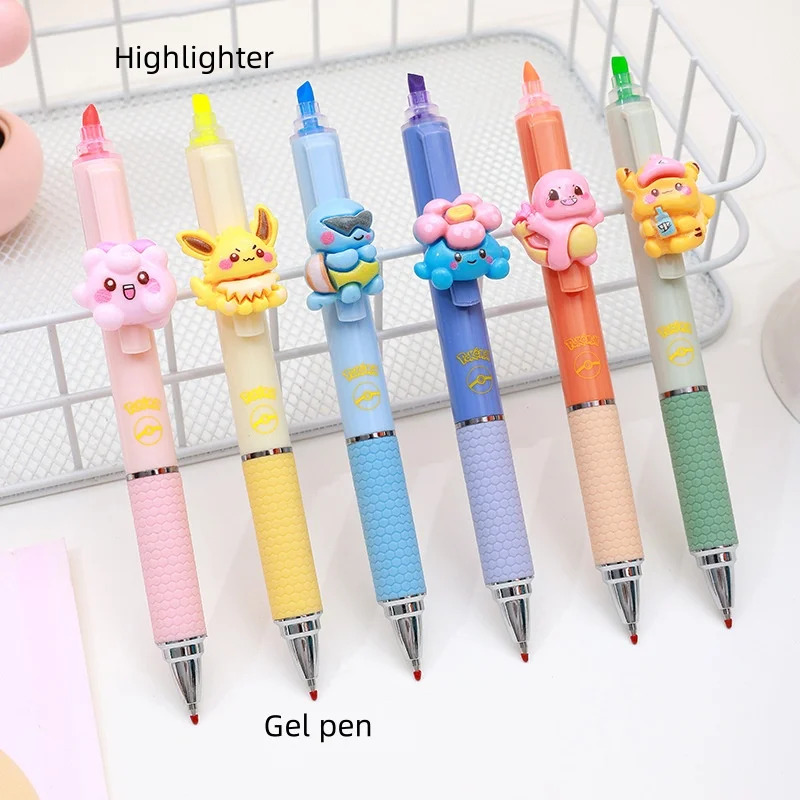 36pcs/lot Kawaii Pokemon Pikachu 6 Colors Highlighter For Writing Cute 0.5mm Black Ink Gel Pen School Office Supplies Stationery