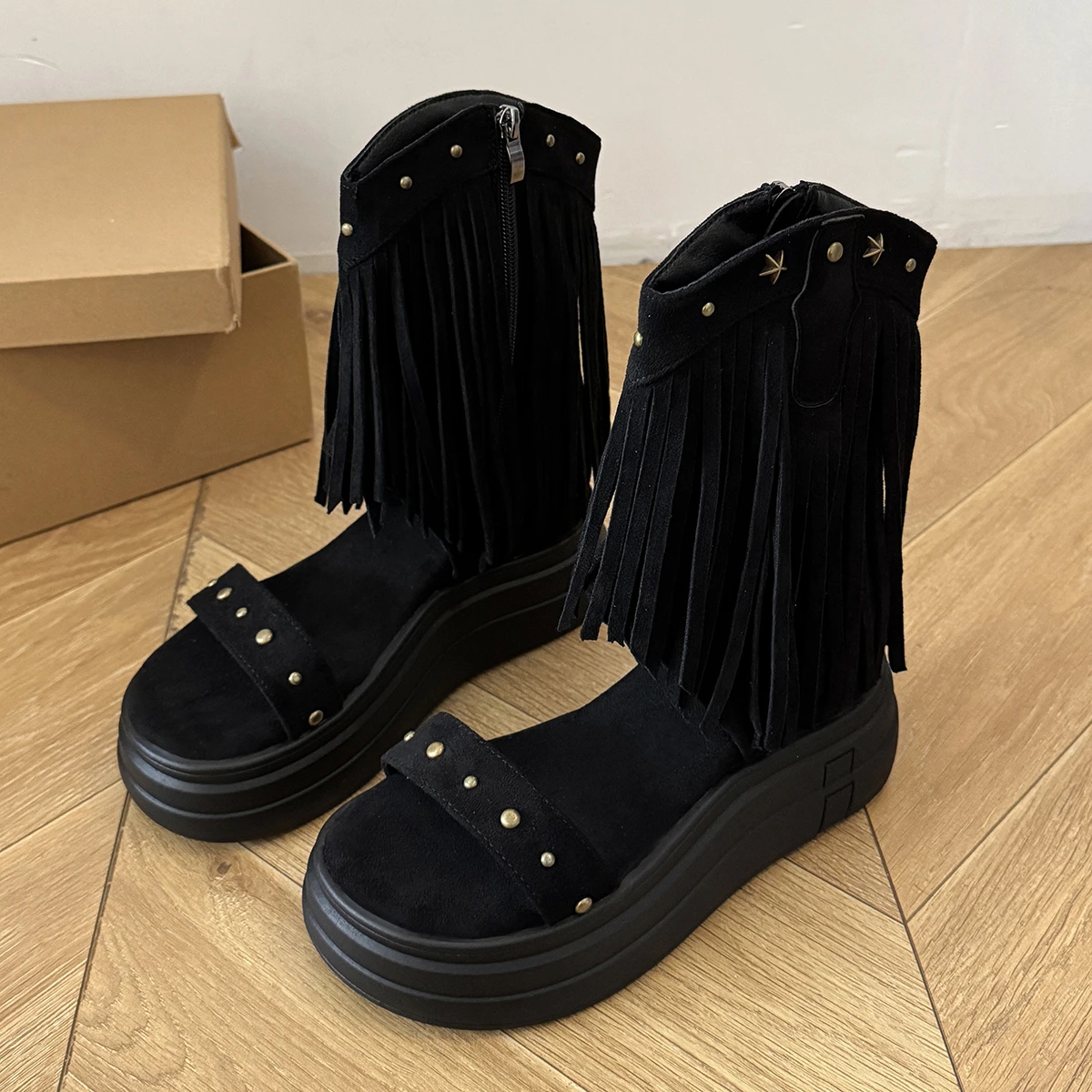 

NEW Luxury Roman Wedge Sandals Women's Summer New Cutout Booties Straw Stud Back Zipper Tassel Open Toe Non-Slip Cooling Boots