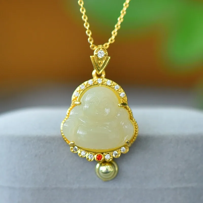 

Natural Hetian Jade Inlaid Jade Maitreya Buddha Pendant Accessories Ethnic Women's Models