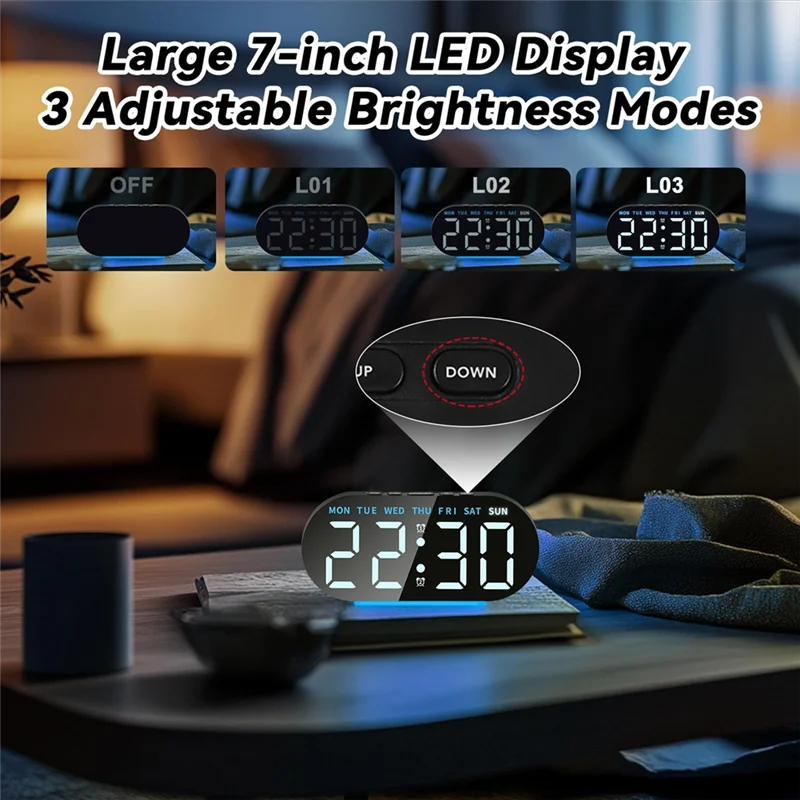 ساعة منبه ABGG مع راديو رقمي، وظيفة التحكم، شاشة LED، ضوء ليلي، غفوة، تصميم طاولة