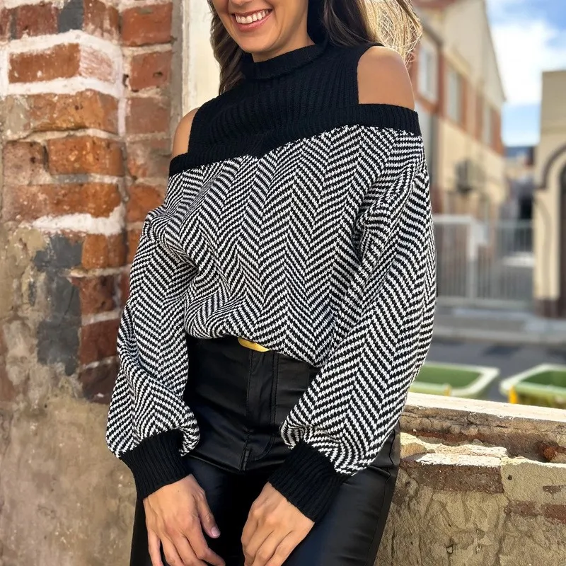 2025 ropa de invierno de punto para mujer, suéter holgado de estilo Simple que combina con todo, jerséis cómodos con hombros descubiertos a rayas