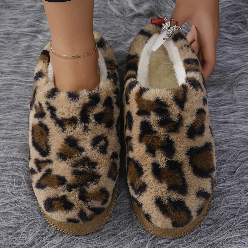 Autumn Winter Leopard Womens Snow Boots Warm Casual Boots Wool Thick Soles Without Heel-covered Hair Half Slipper Cotton Shoes