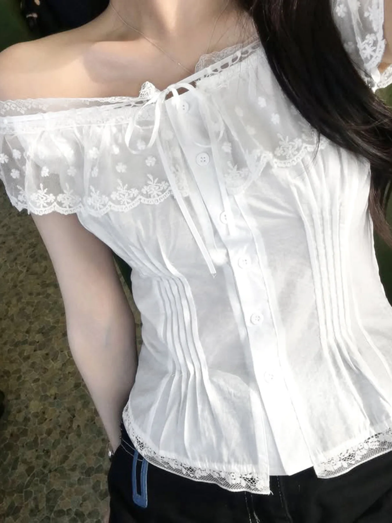 

Sweet and Spicy Girl Style Solid Color Summer Slash Neck Lace Splicing Off Shoulder Shirt