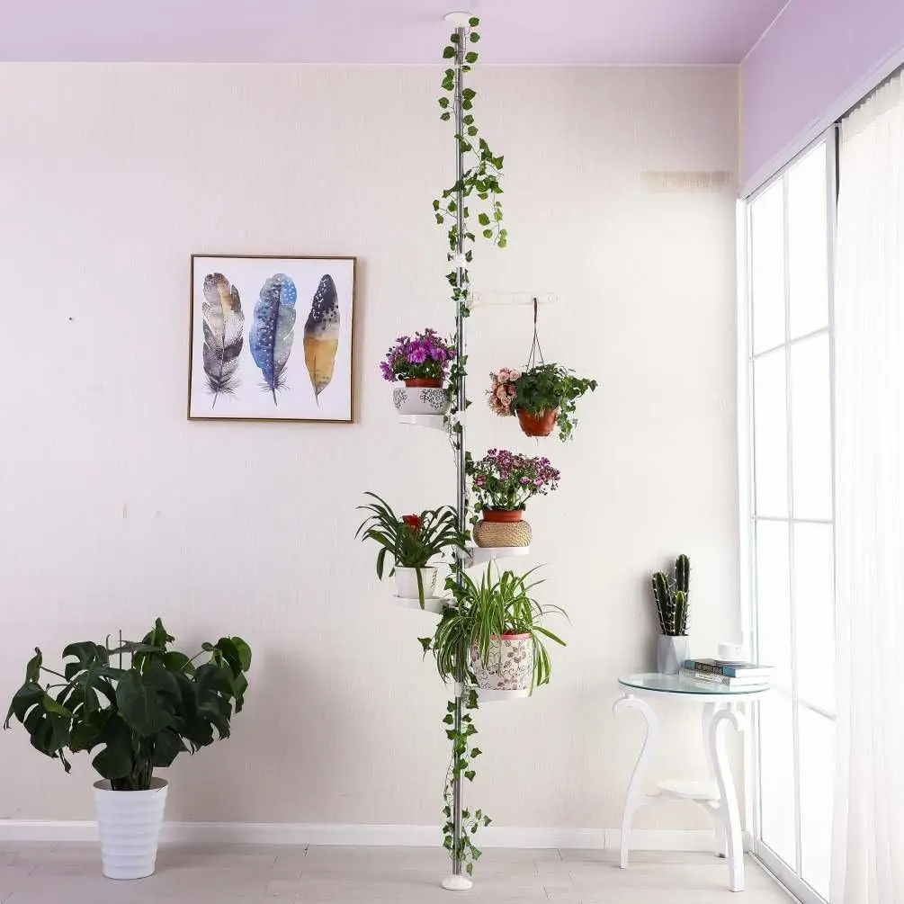 5-Tier Tension Rod Plant Holder Pole, Flower Display Stand Rack Stainless Steel Decorative Shelf, Ivory