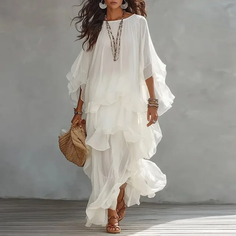 Elegant Multi-Layer Ruffle Maxi Dress Women Round Neck Flared Batwing Sleeve Loose Fit Bohemian Summer Beach Holiday Flowy Dress