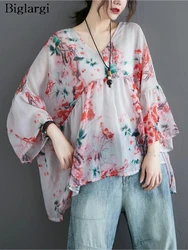 Oversized Summer Flower Print Pullover T-Shirt Tops Women Ruffle Modis Irregular Pleated Ladies Cropped Blouses Loose Woman Tops