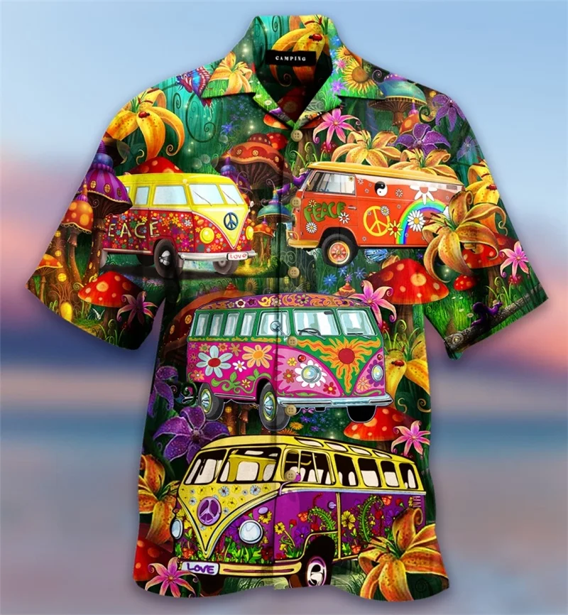 3d Printing Fire Truck Pattern Hawaiian Shirts For Men New In Casual Short Sleeve Oversized Button Beach Shirts Blouse Tops