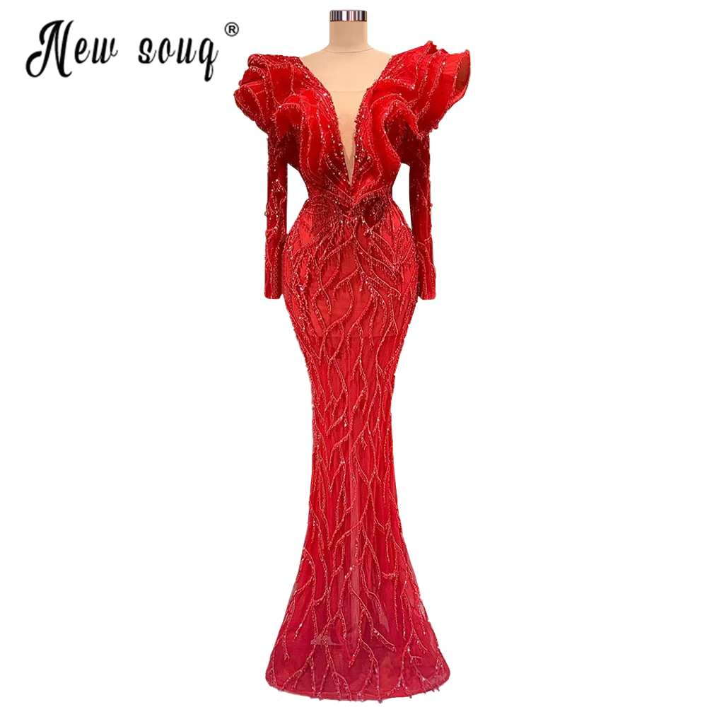 Ruffles V คอแขนยาว Vestido De Novia 2022 Plus ขนาดอย่างเป็นทางการชุดราตรีลูกปัด Mermaid Celebrity ชุด Вечернее Платье